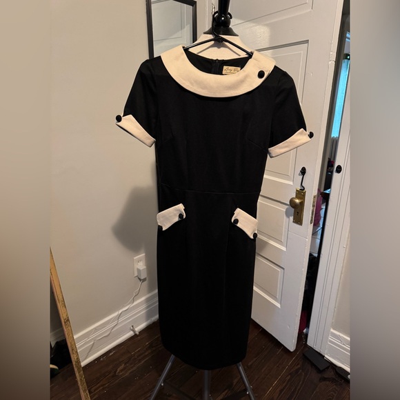 Lindy Bop Black Cream Dress with Peter Pan Collar vintage swing rockabilly S - Picture 1 of 6